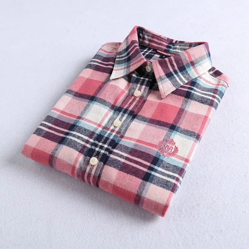 2020 Autumn Winter New Women&#39;S Flannel Plaid Shirt 100% Cotton Casual Style Blouses Long Sleeve