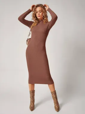 Basic Cute Knit Mock Dress Brick