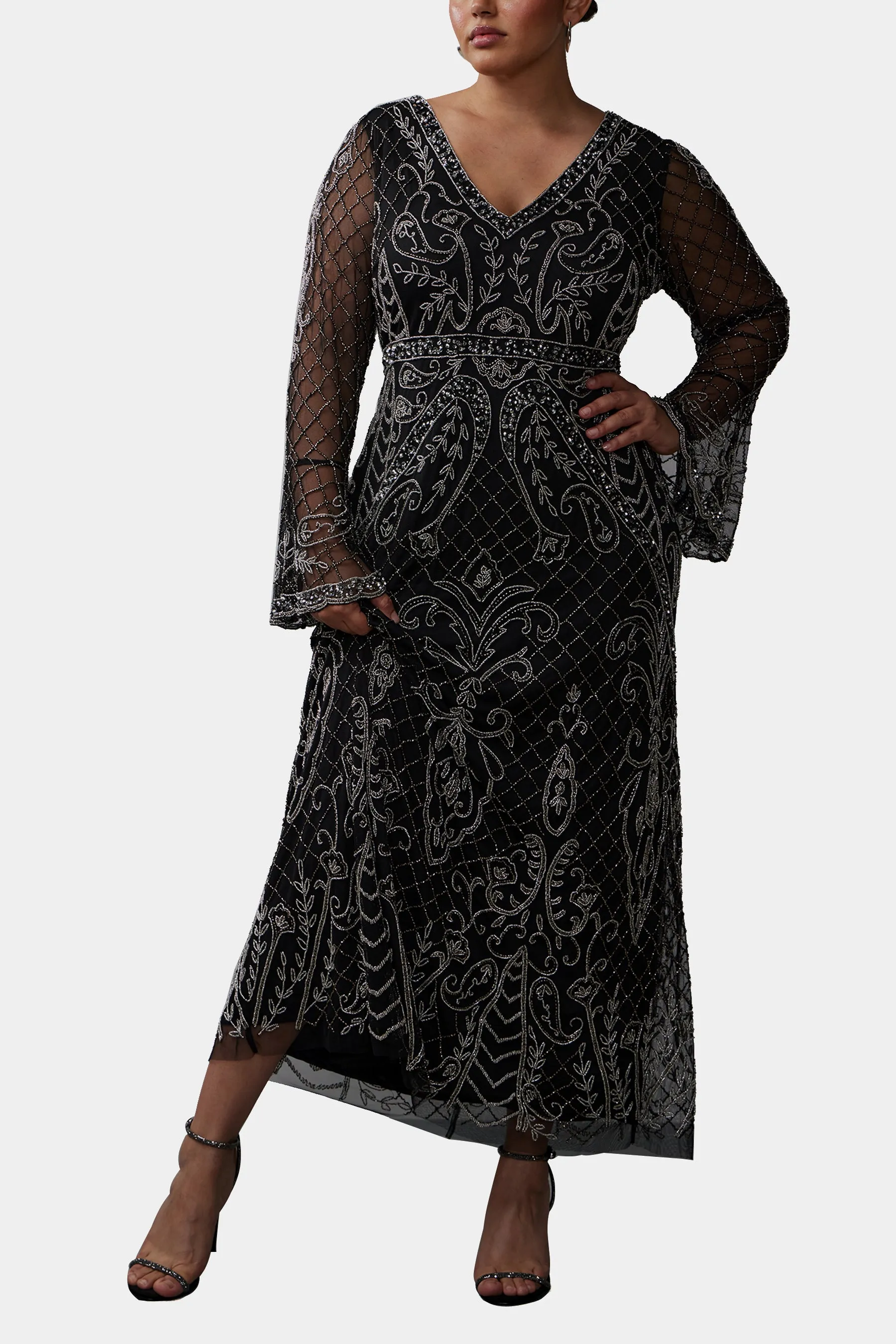 Bell Sleeve Beaded Long Dress