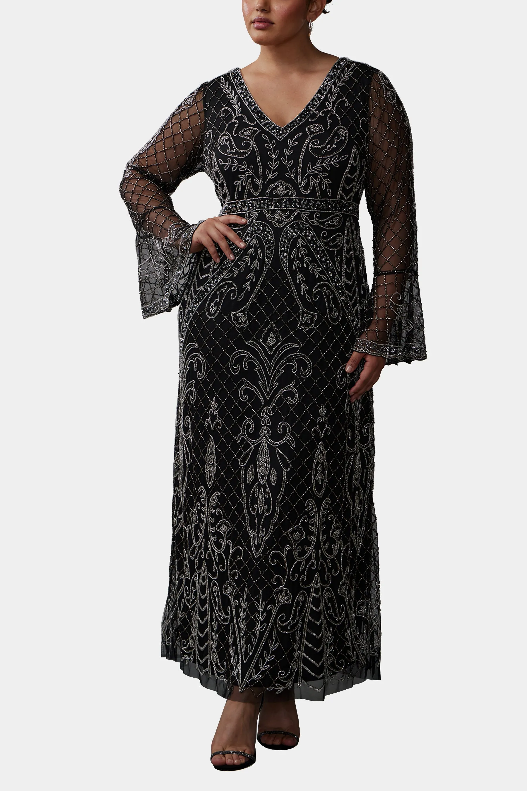 Bell Sleeve Beaded Long Dress