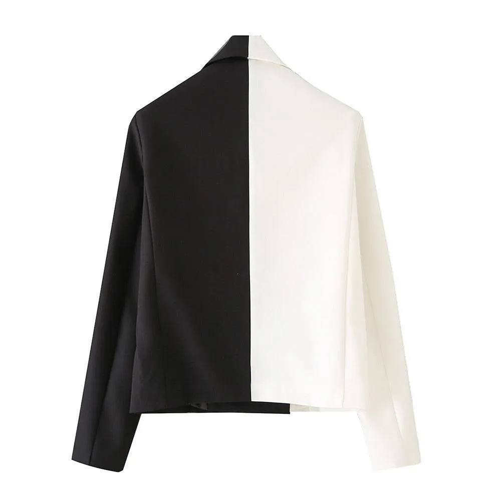 Black-White Crop Blazer Women - Casual - Patchwork