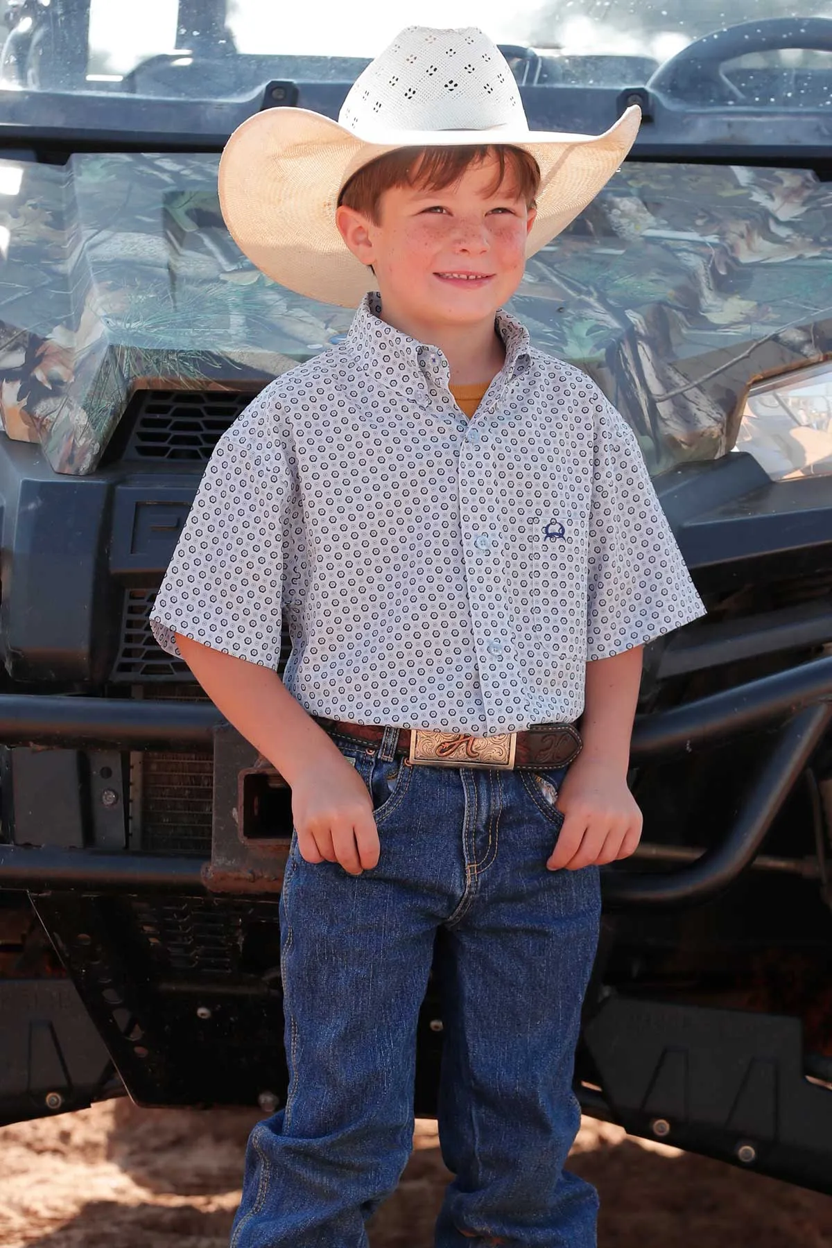 BOYS LIGHT BLUE PRINT SHORT SLEEVE CINCH SHIRT