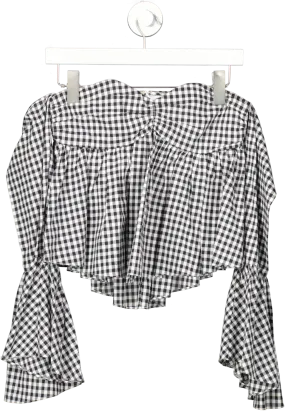 Caroline Constas Black Max Off-the-shoulder Gingham Bell Sleeve Top UK XS