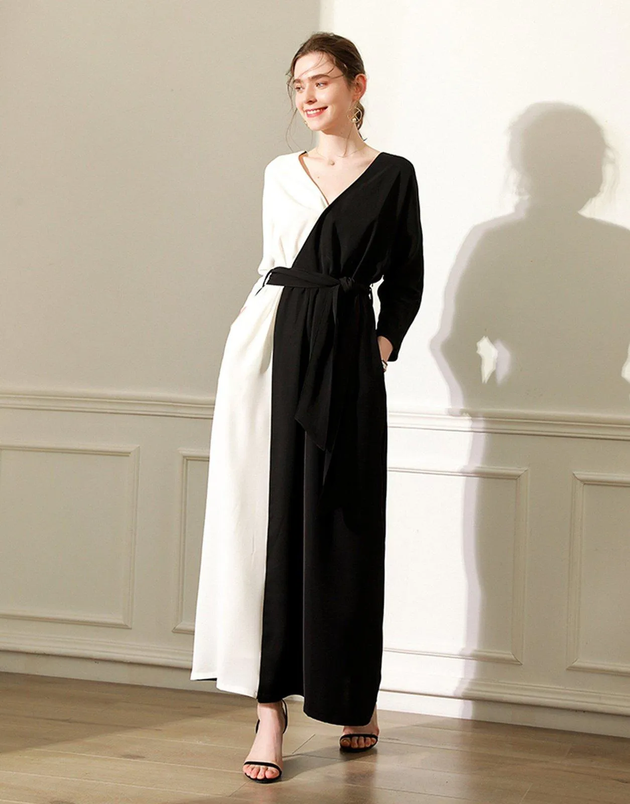 Colorblock Black White Long Sleeve Belted Maxi Dress