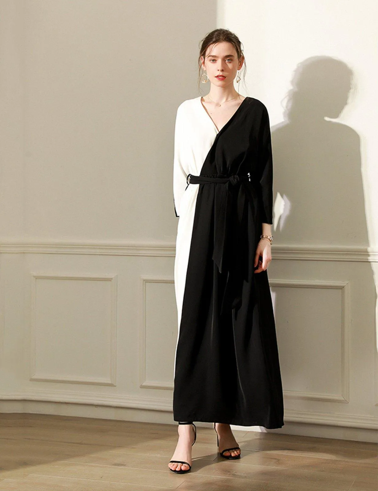 Colorblock Black White Long Sleeve Belted Maxi Dress