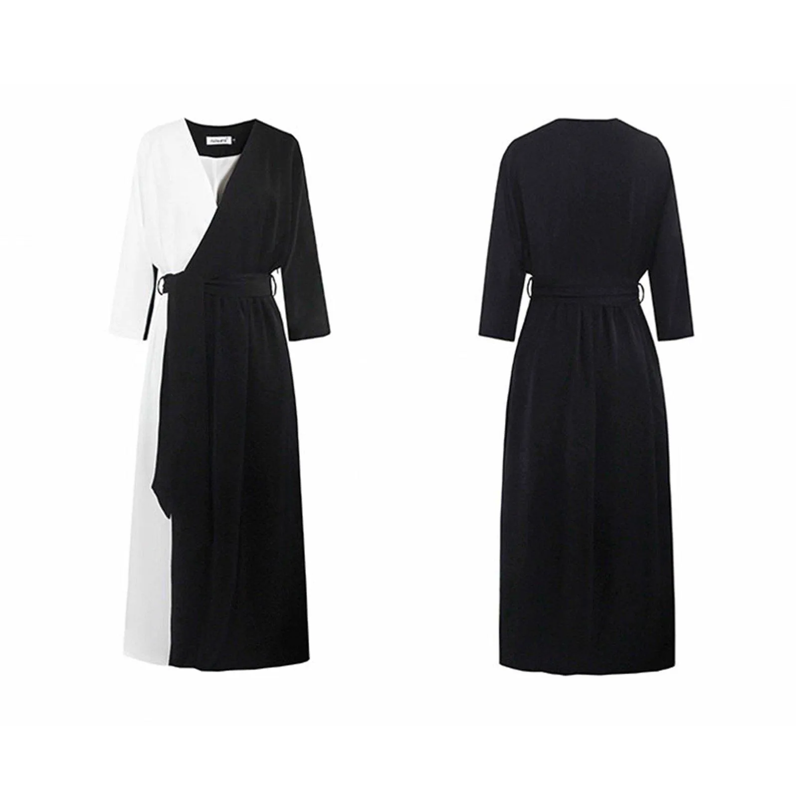 Colorblock Black White Long Sleeve Belted Maxi Dress