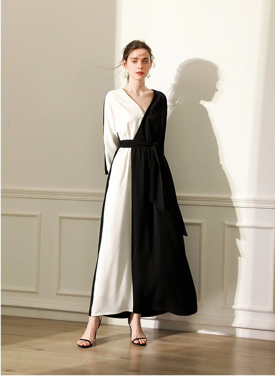 Colorblock Black White Long Sleeve Belted Maxi Dress