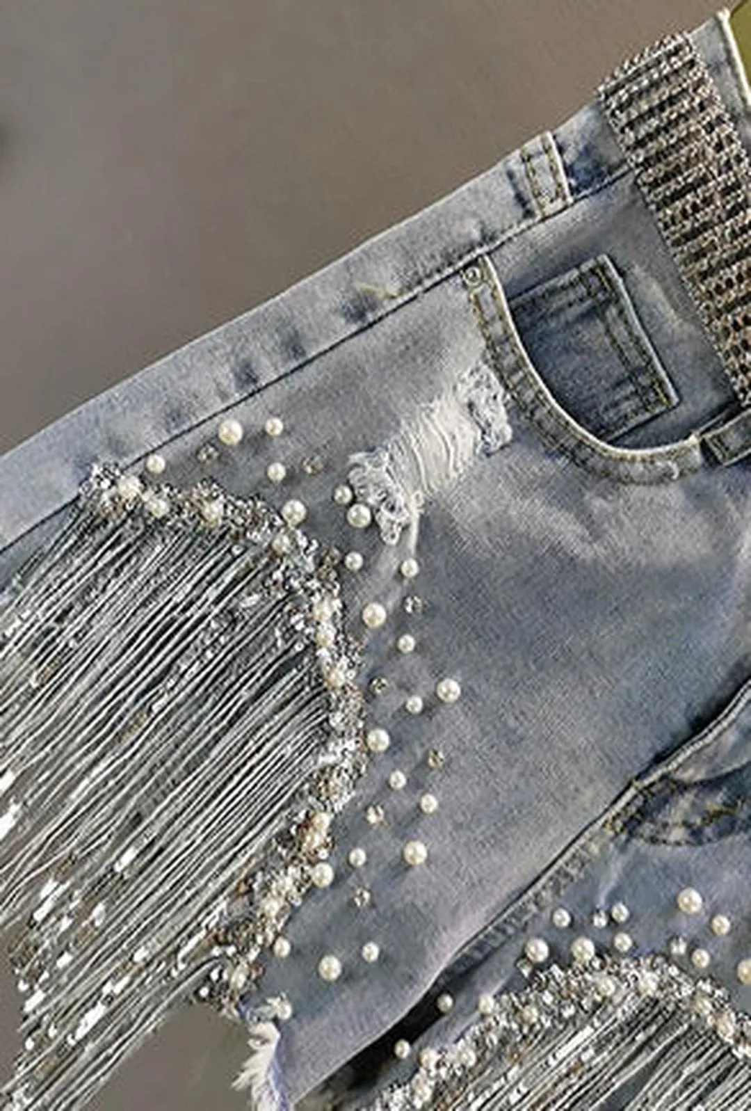 DALLAS - SEQUINS FRINGE DENIM SHORTS