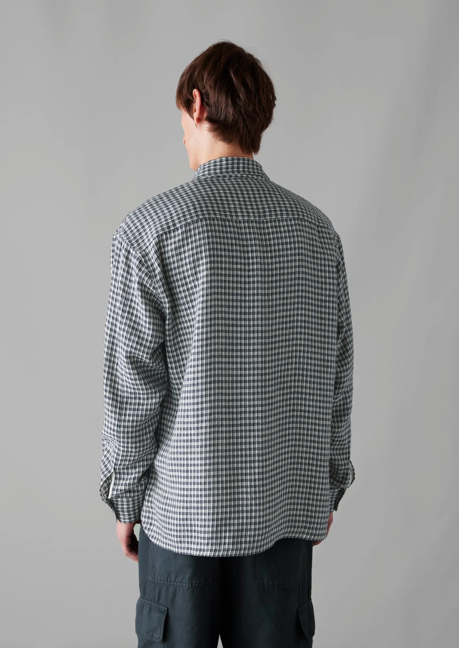 Dropped Shoulder Check Linen Shirt | Slate Navy