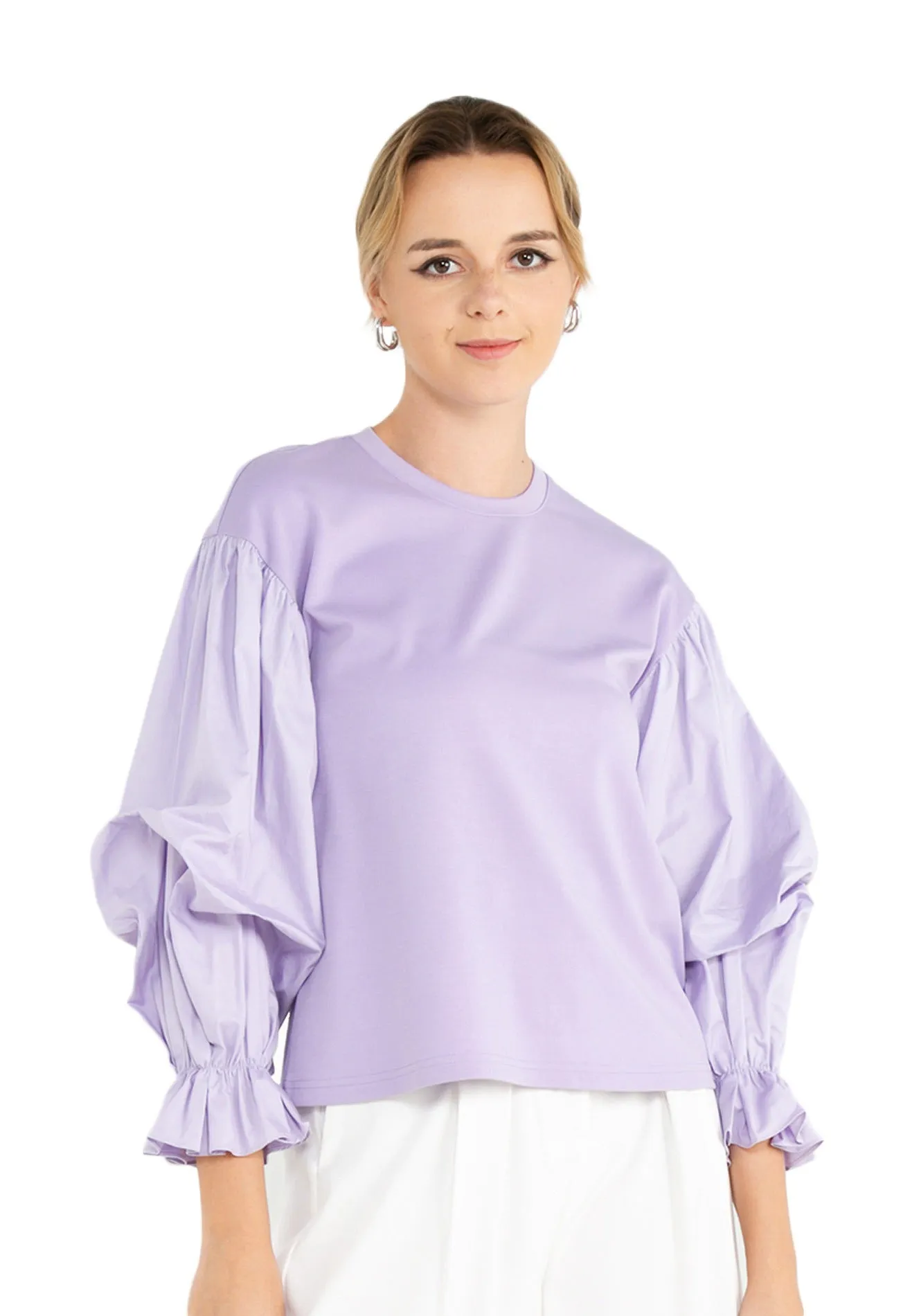 ELLE Apparel Puff Sleeves Knit And Poplin Top