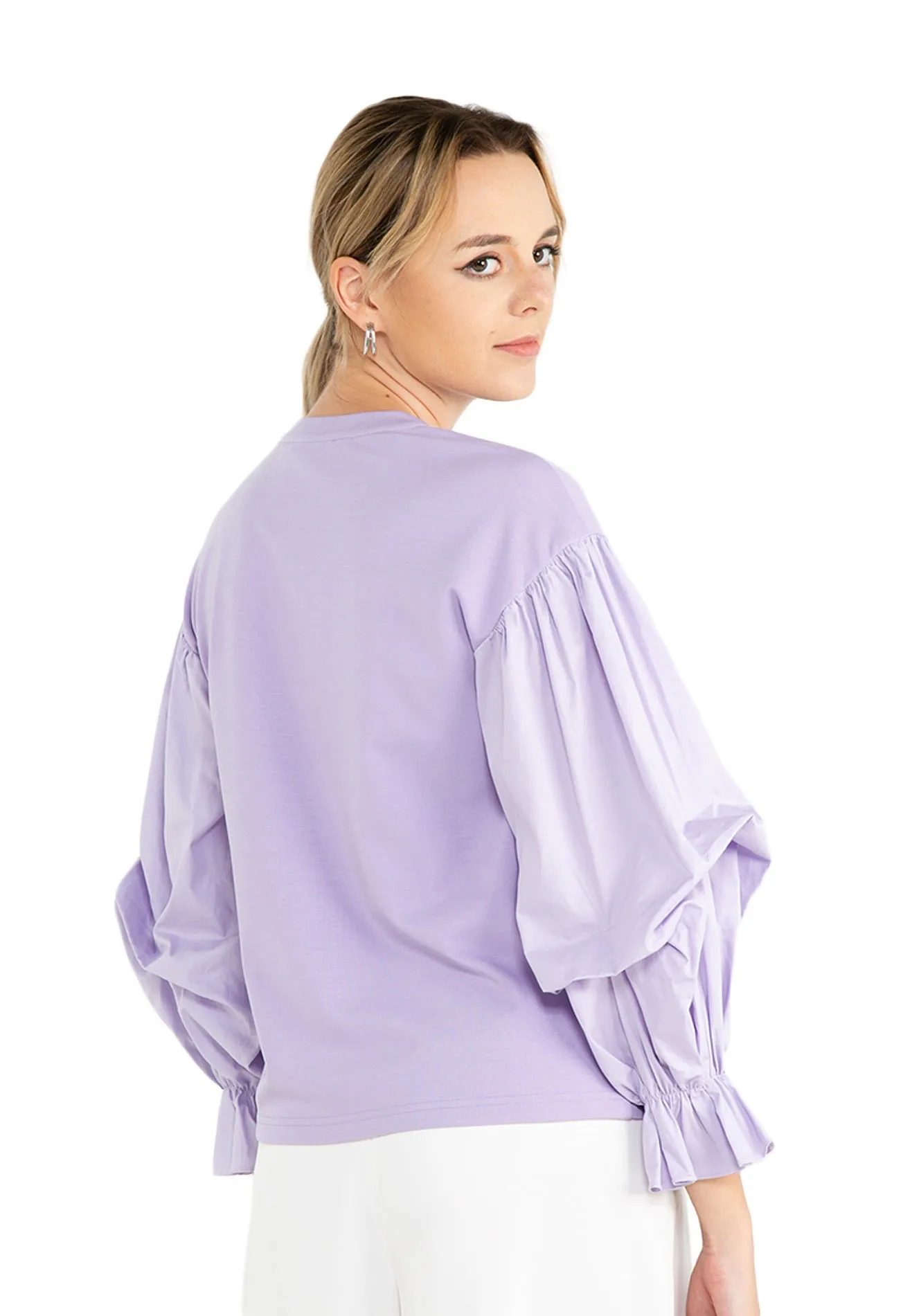 ELLE Apparel Puff Sleeves Knit And Poplin Top