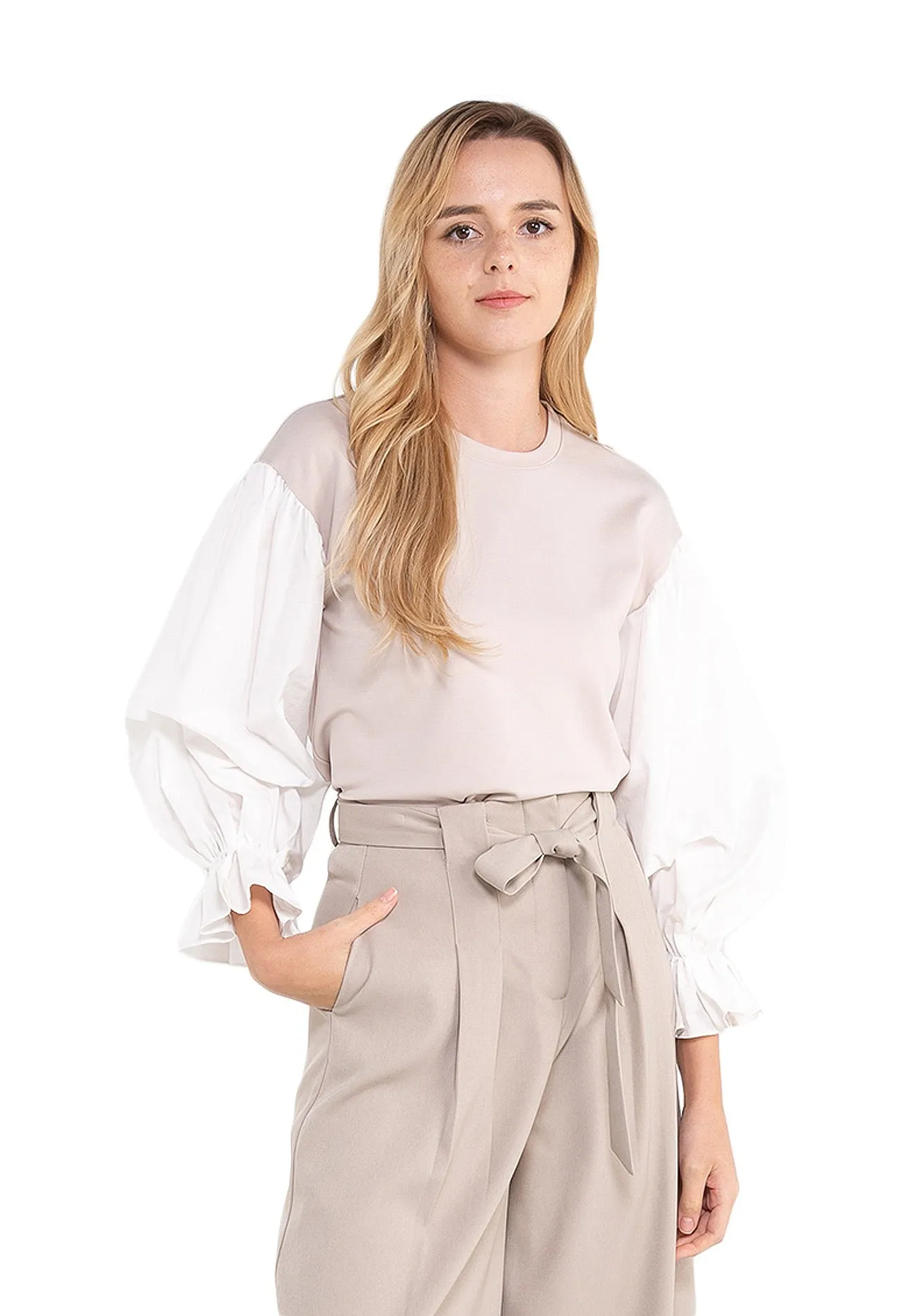 ELLE Apparel Puff Sleeves Knit And Poplin Top