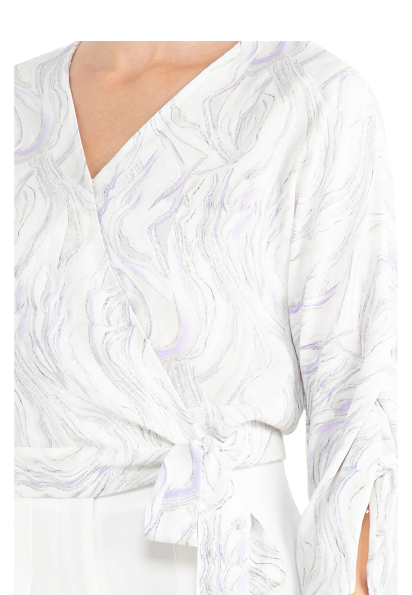 ELLE Apparel V-Neck Wrap Front Tie Printed Blouse