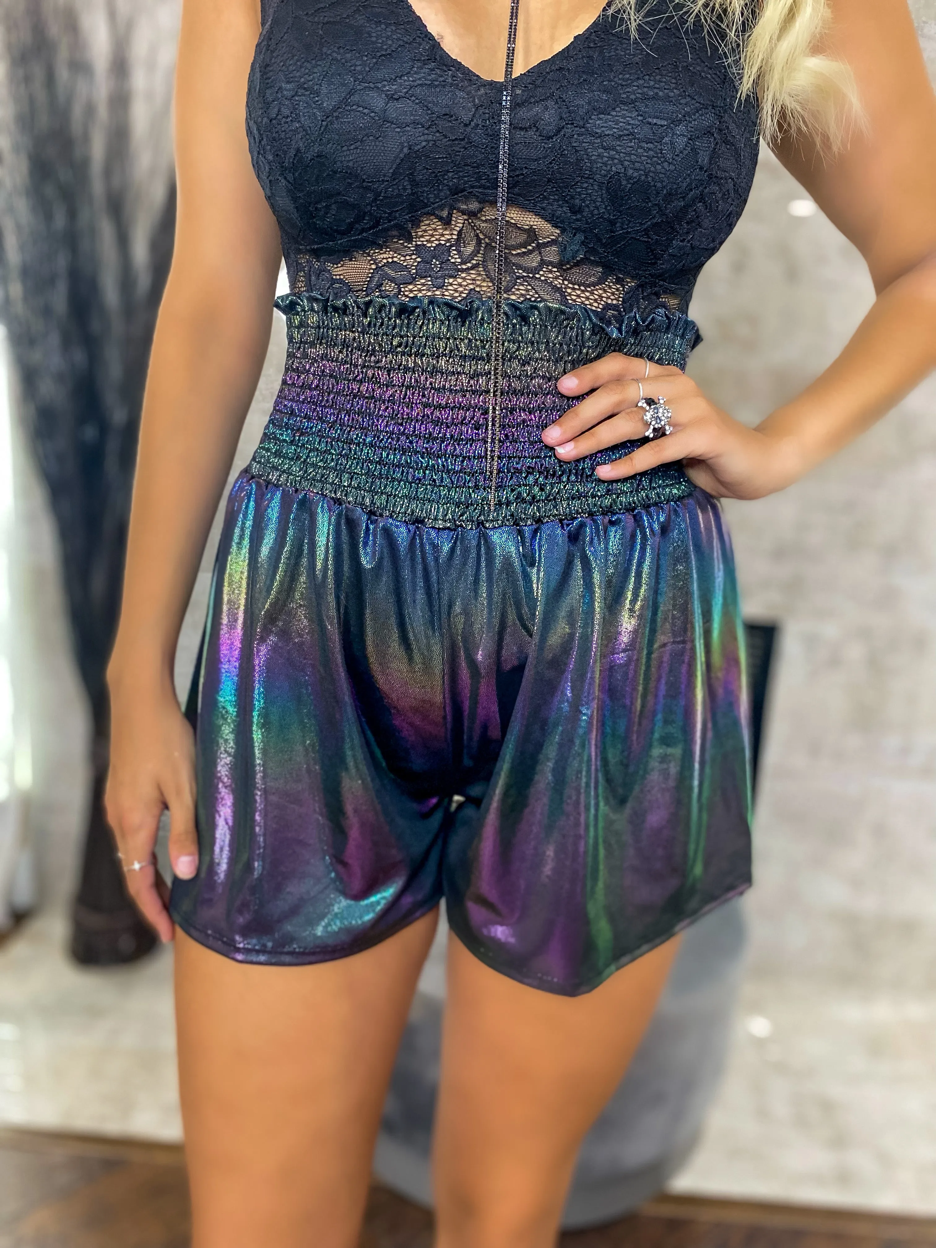 Every Option Foil Smocked High Waist Shorts - Mermaid Rainbow