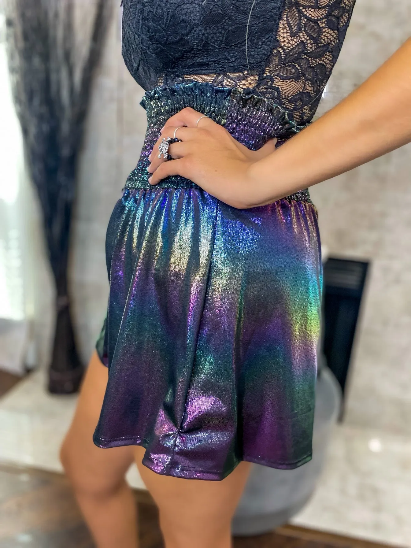 Every Option Foil Smocked High Waist Shorts - Mermaid Rainbow