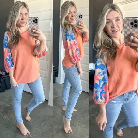 Floral Sleeve Knit Top In Coral Multi