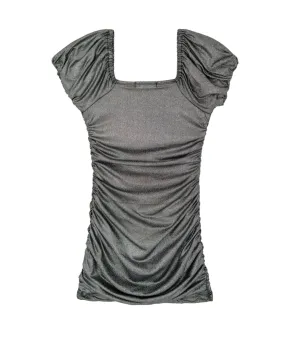 Global Love Juniors Pebble Metallic Silver Short Sleeve Ruched Dress