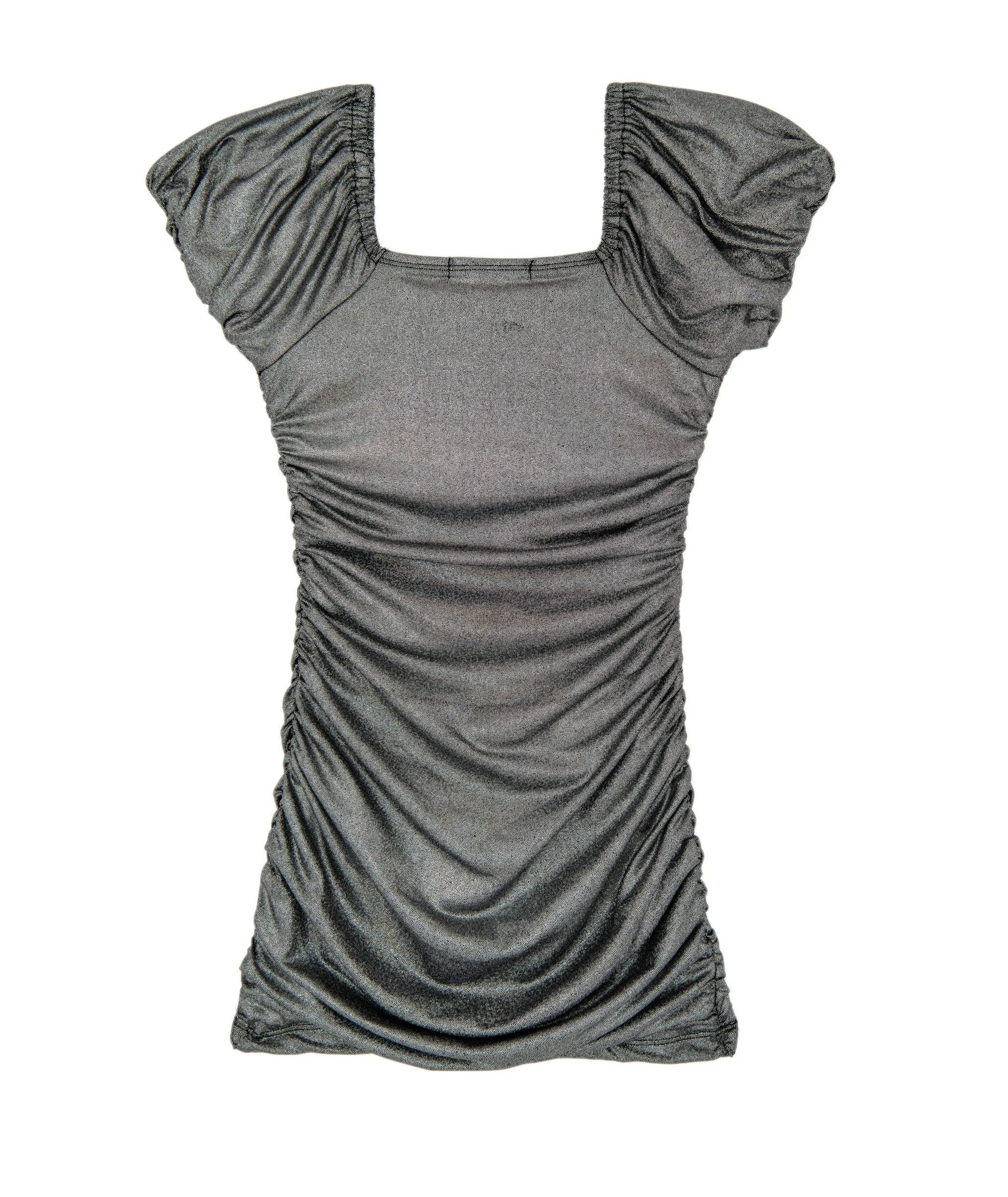 Global Love Juniors Pebble Metallic Silver Short Sleeve Ruched Dress