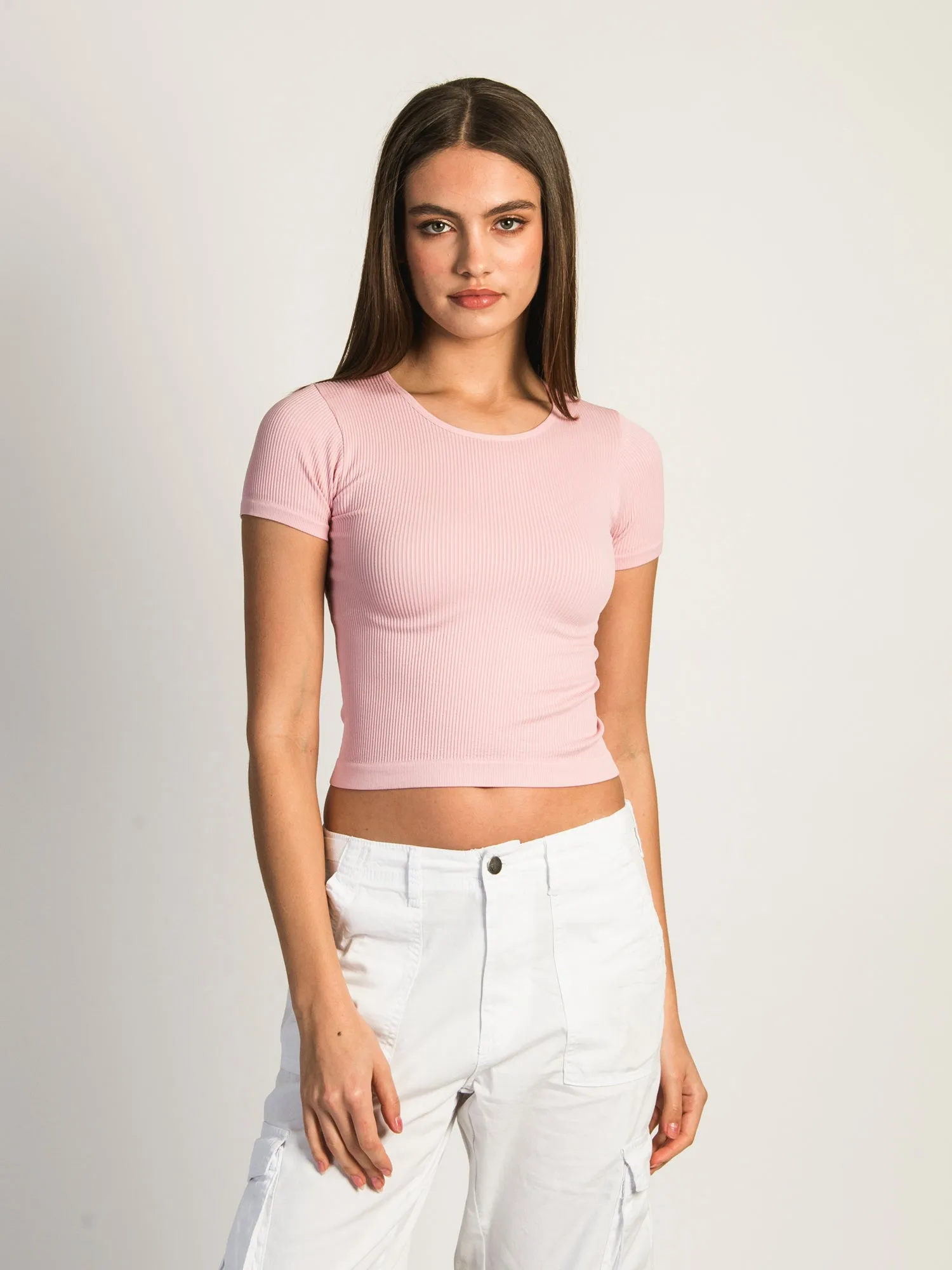 HARLOW RIBBED SEAMLESS TEE - BUBBLEGUM