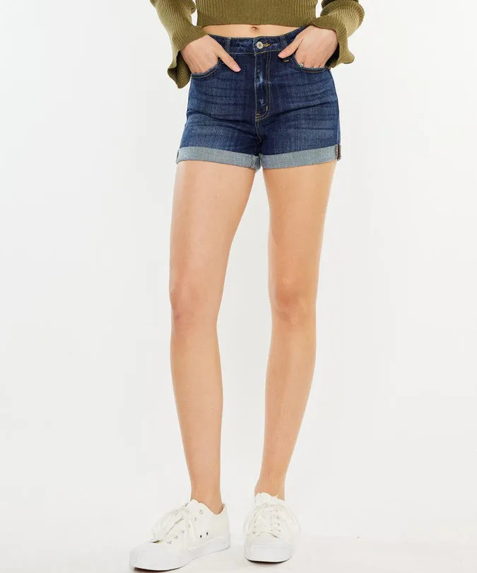 High Rise Double Fold Cuff Denim Shorts - Dark Wash