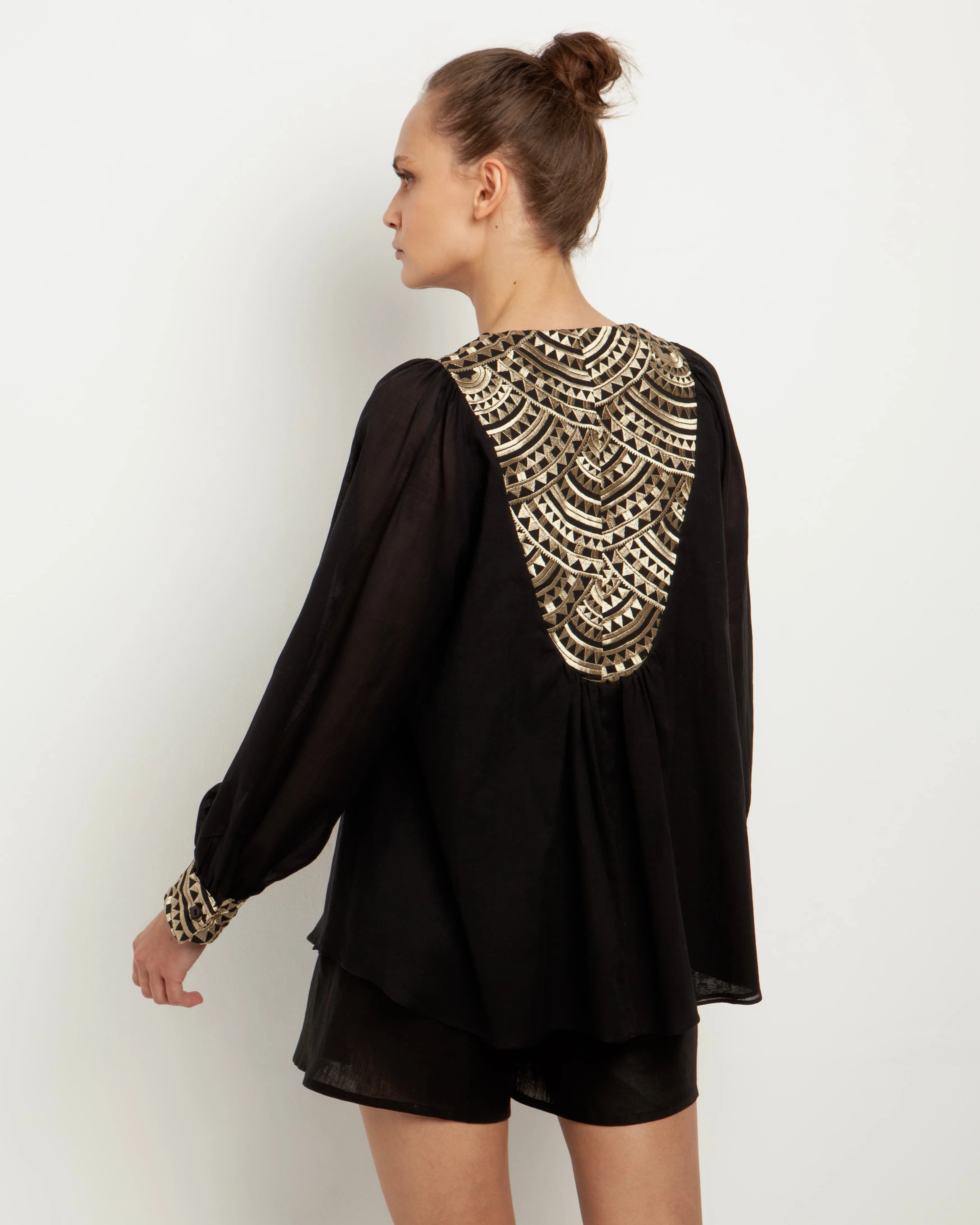 Kori Embroidered Cotton Blouse | Black & Gold