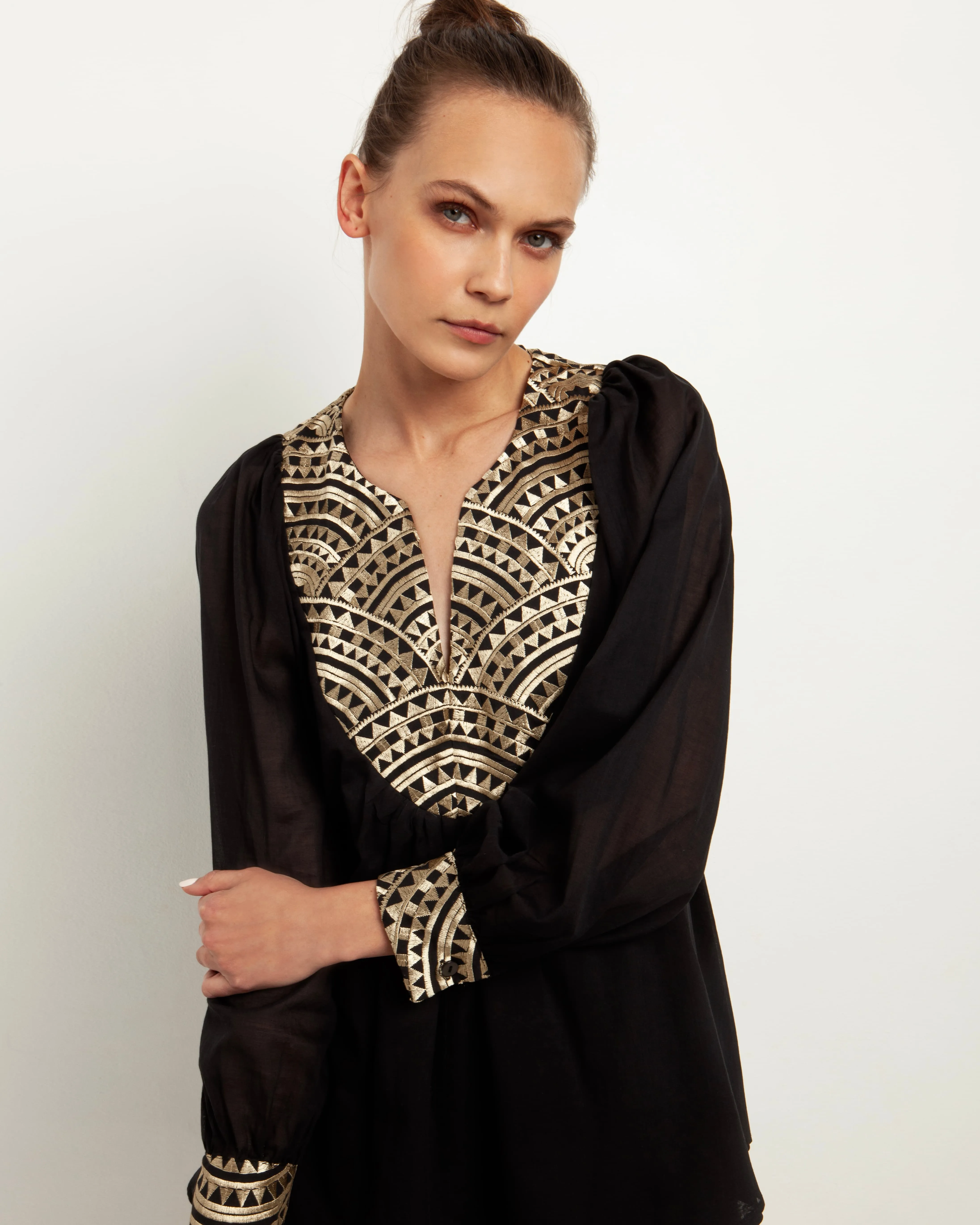 Kori Embroidered Cotton Blouse | Black & Gold