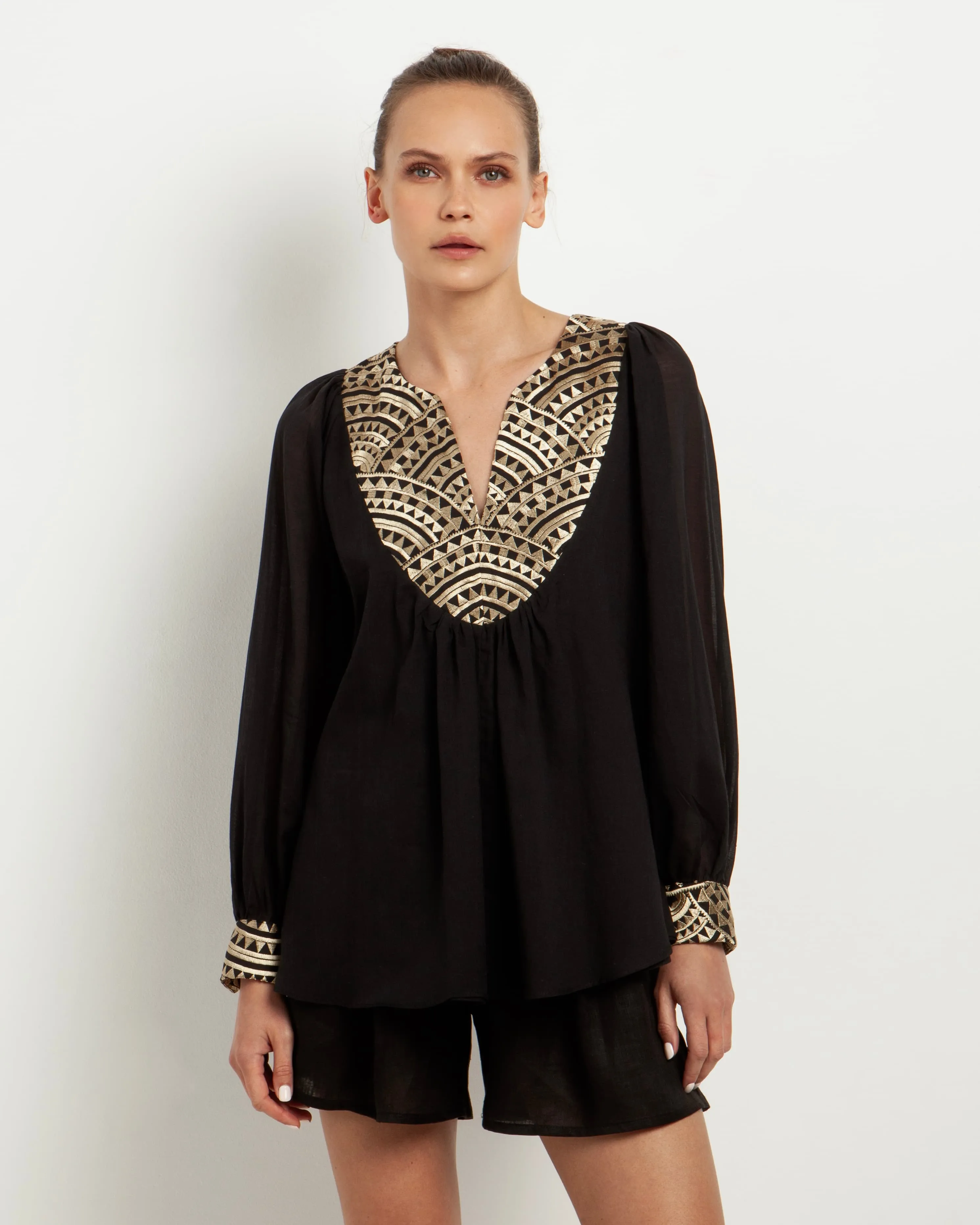 Kori Embroidered Cotton Blouse | Black & Gold