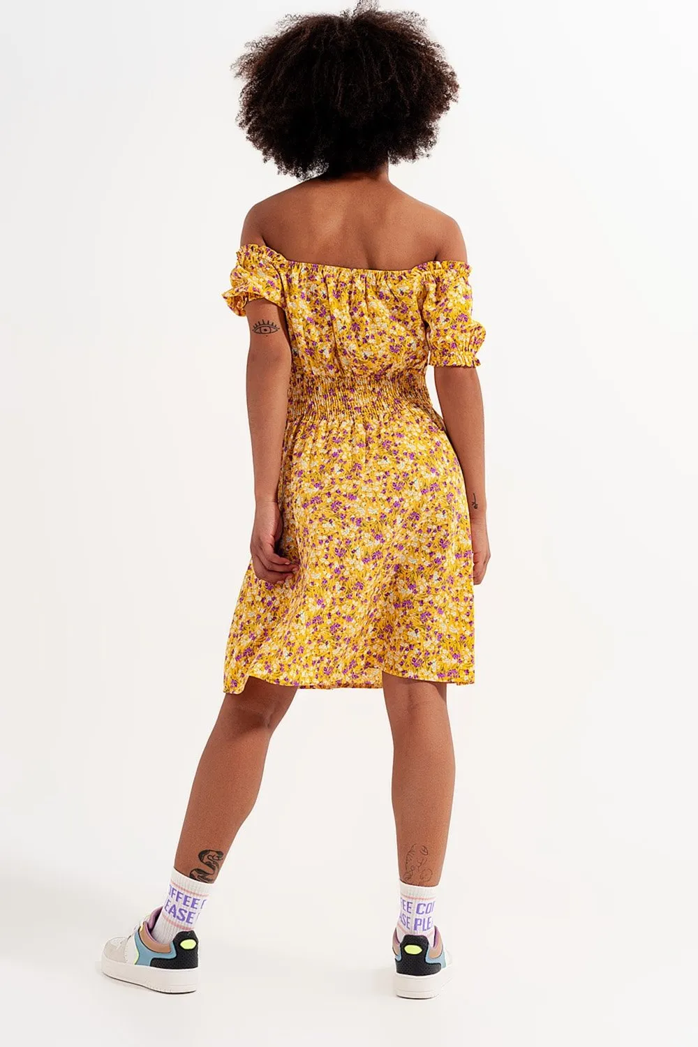 Mini Dress With Shirred Detail in Yellow Ditsy Floral Print