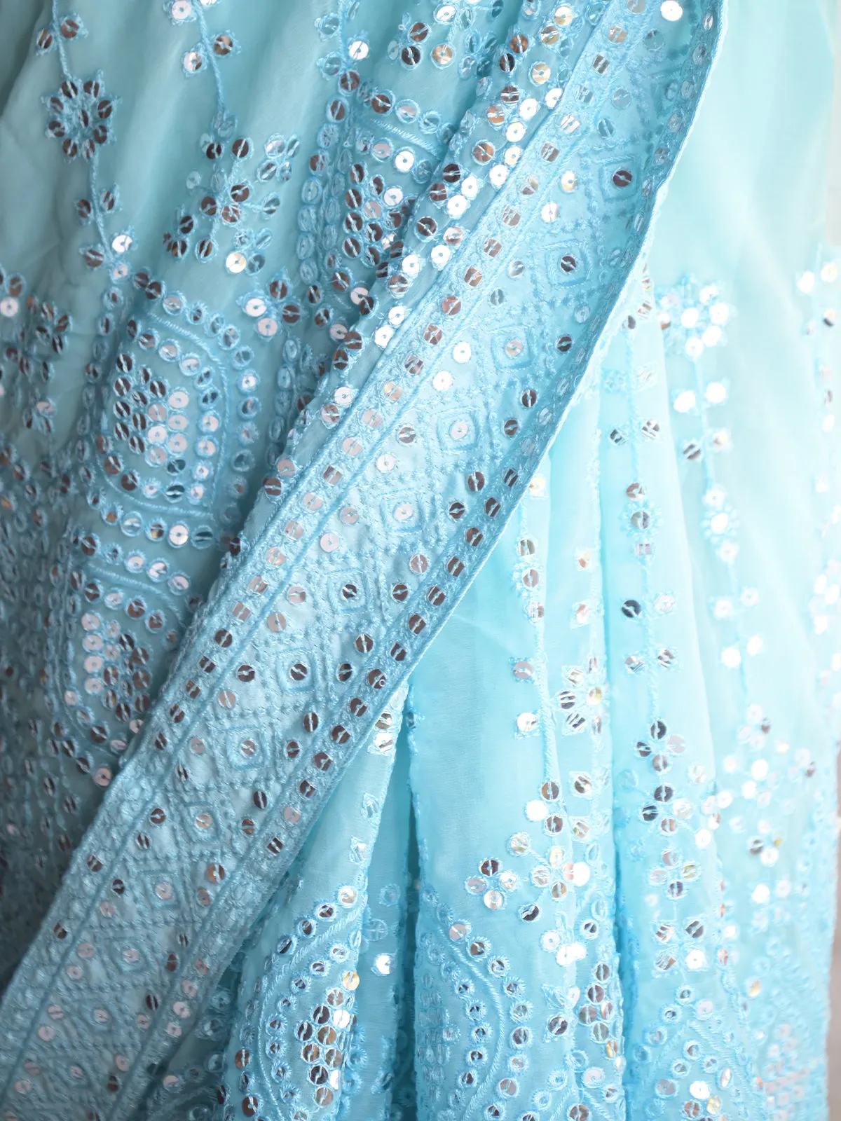 Odette Light Blue Sequins Embroidered Georgette Saree with Unstitched Blouse for Women