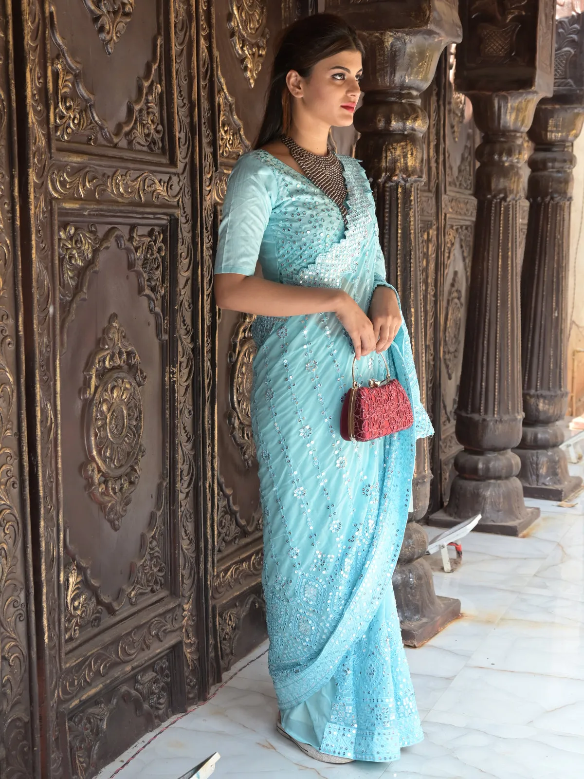 Odette Light Blue Sequins Embroidered Georgette Saree with Unstitched Blouse for Women