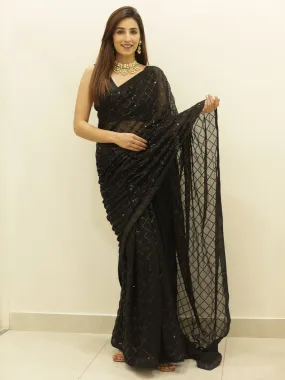 Odette Women Black Designer Sequins Saree With Unstitched Blouse