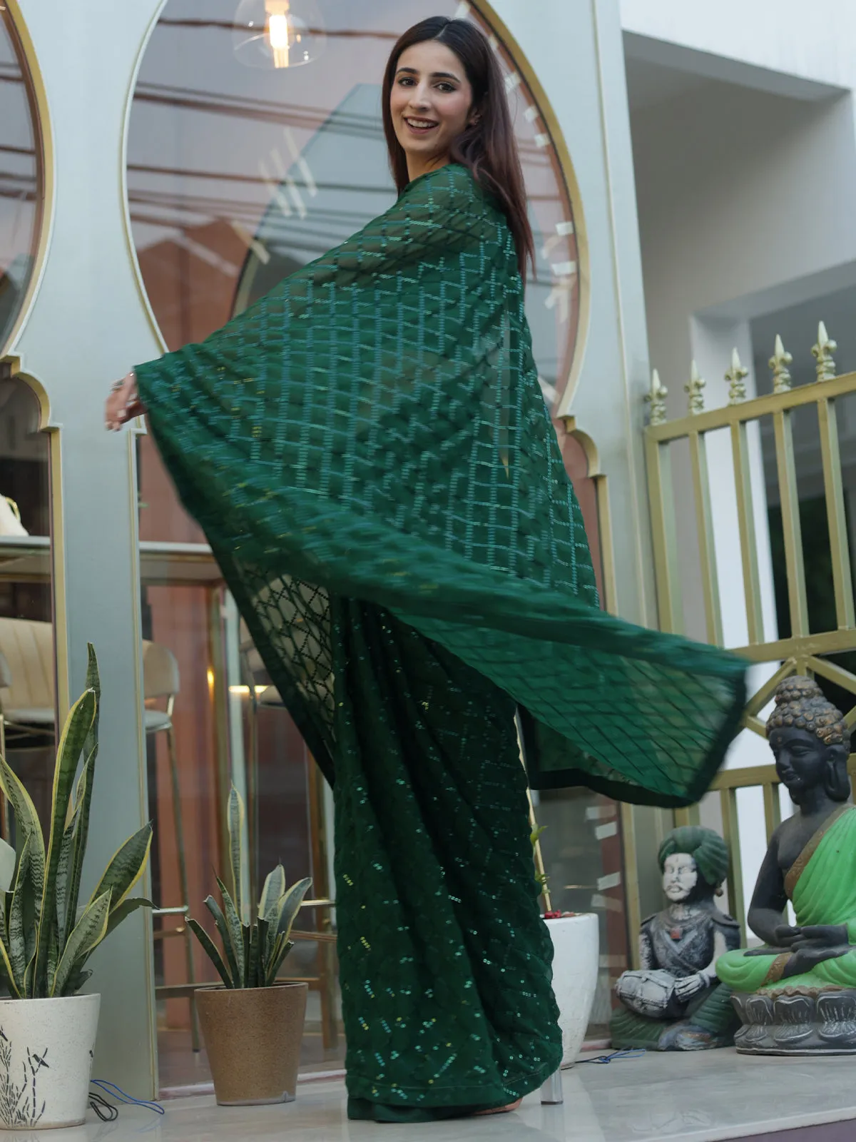 Odette Women Green Designer Sequins Saree With Unstitched Blouse