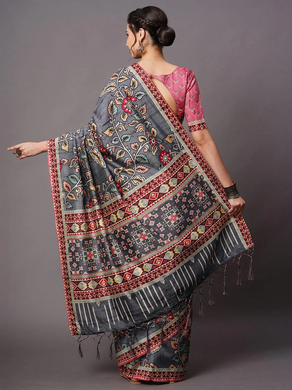 Odette Women Grey Festive Bhagalpuri Silk Printed Saree With Unstitched Blouse