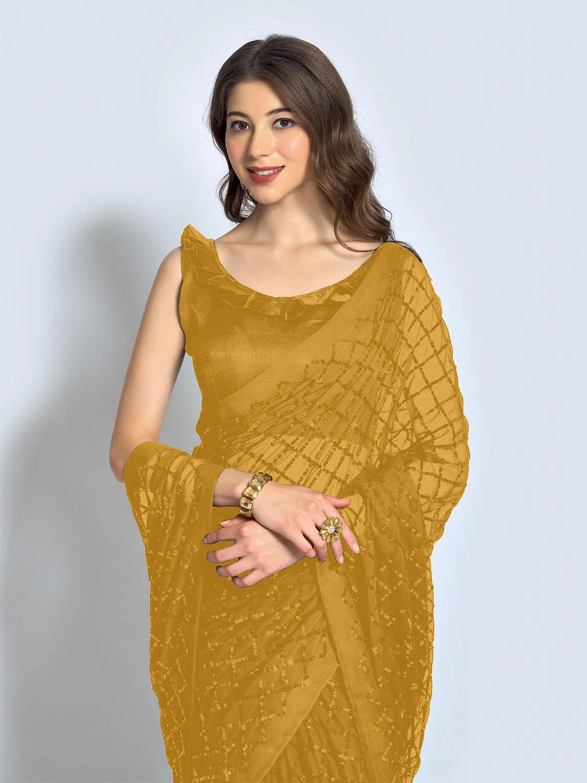 Odette Women Mustard Designer Sequins Saree With Unstitched Blouse