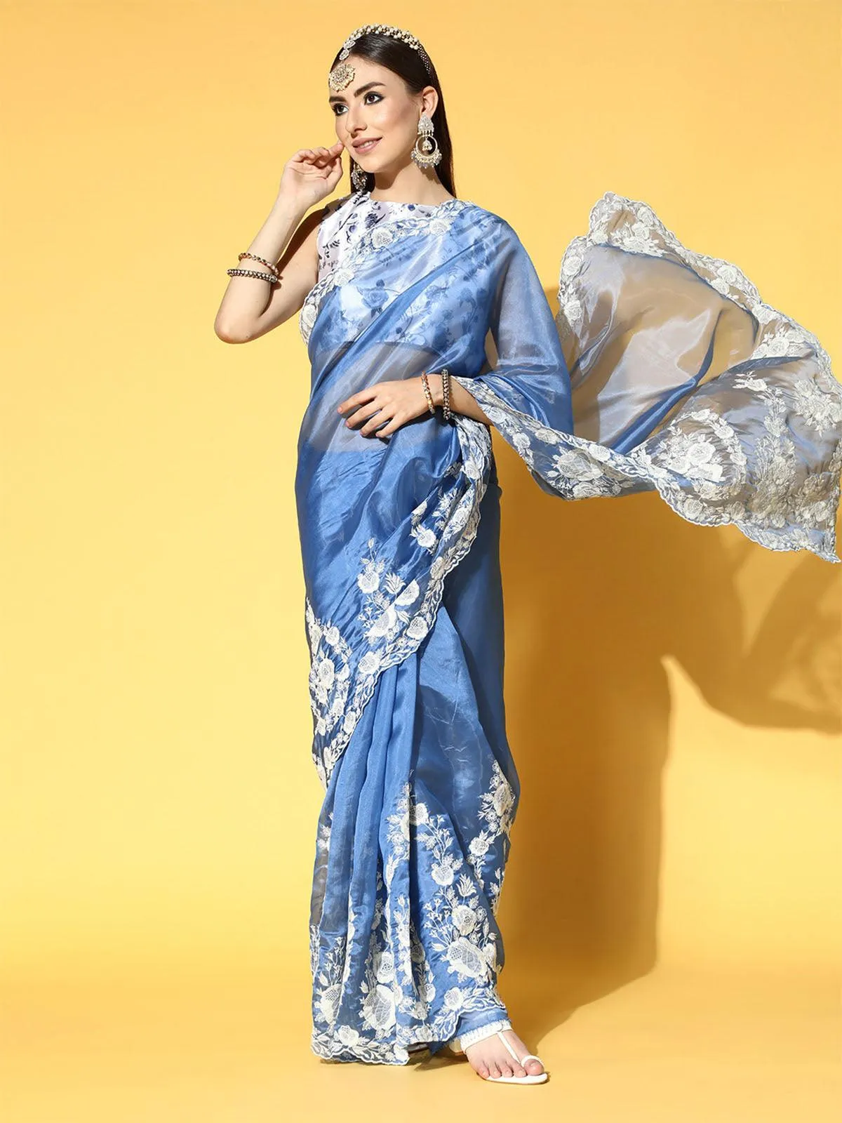 Odette Women Organza Blue Embroidered Designer Saree With Blouse Piece