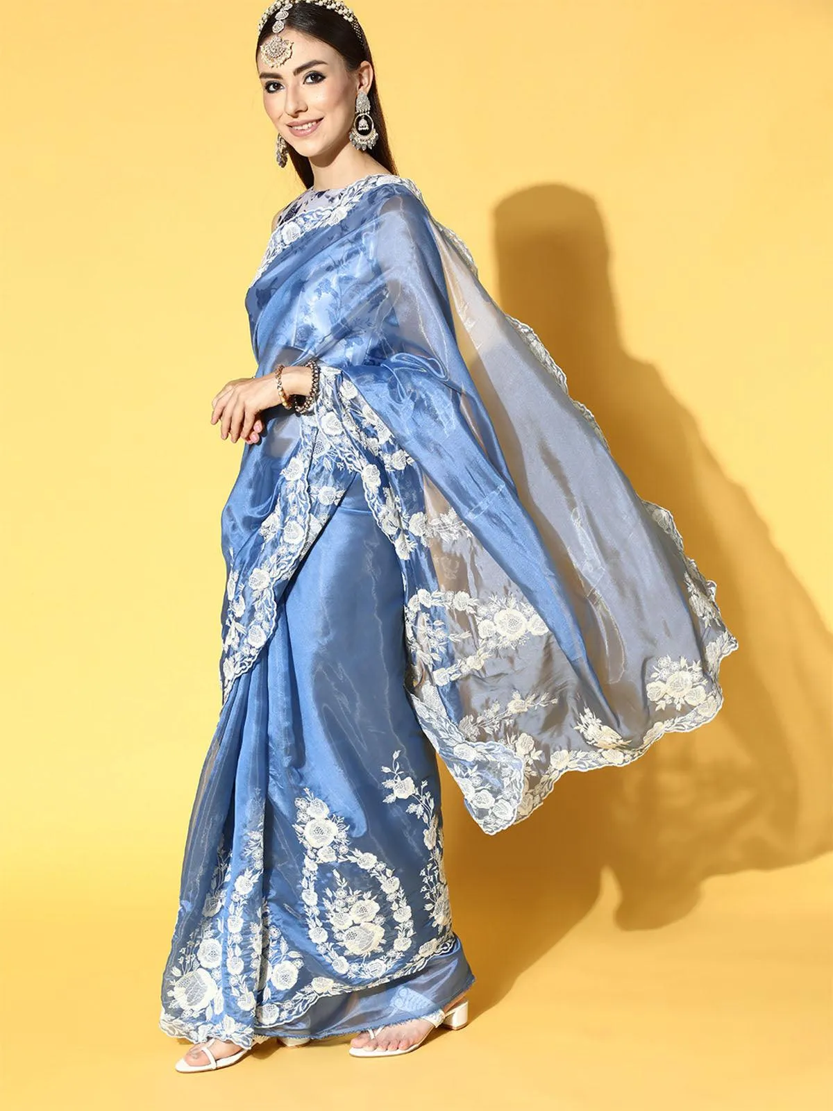 Odette Women Organza Blue Embroidered Designer Saree With Blouse Piece