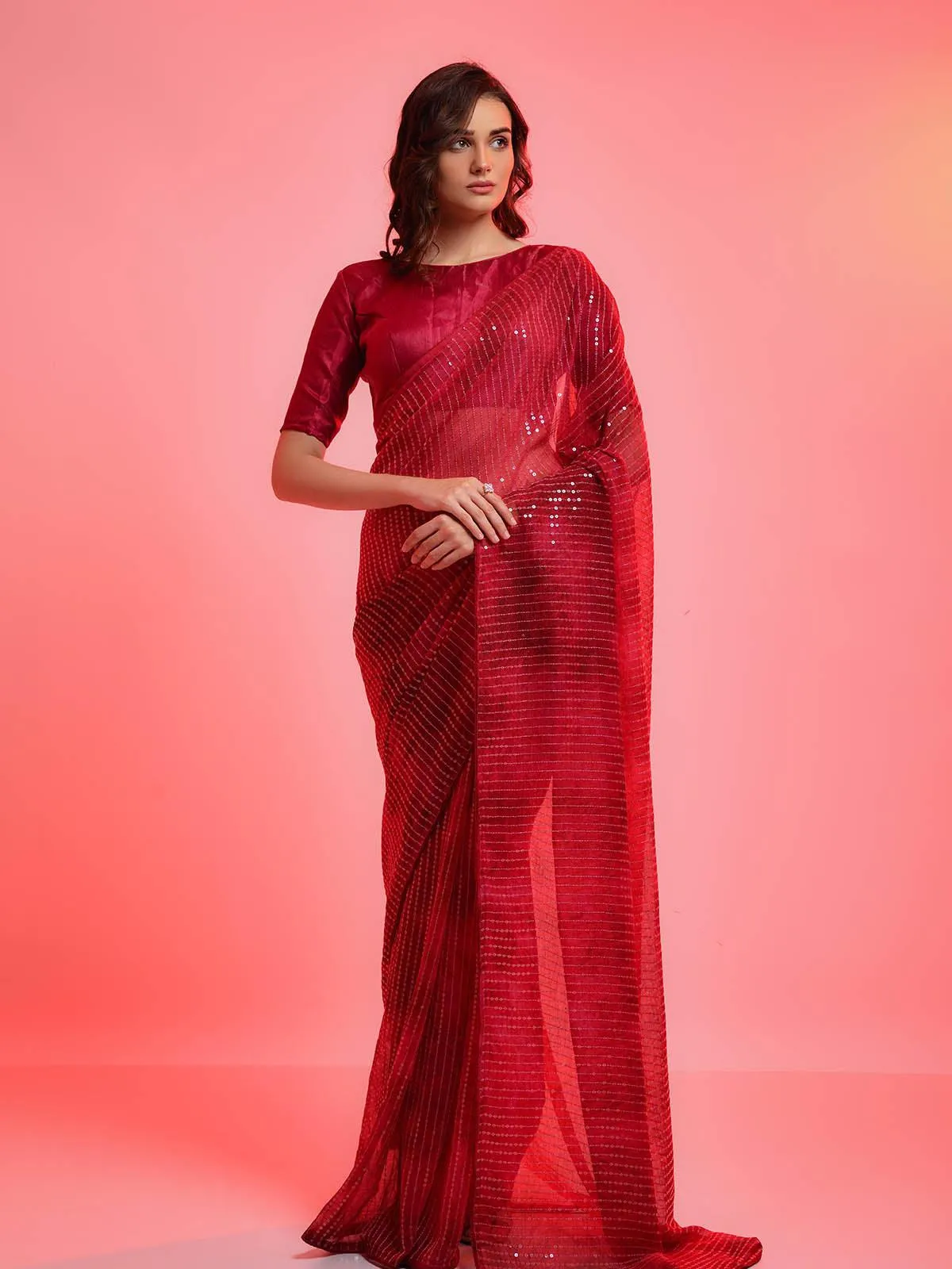 Odette Women Red Chiffon Sequins Embroidered Saree With Unstitched Blouse