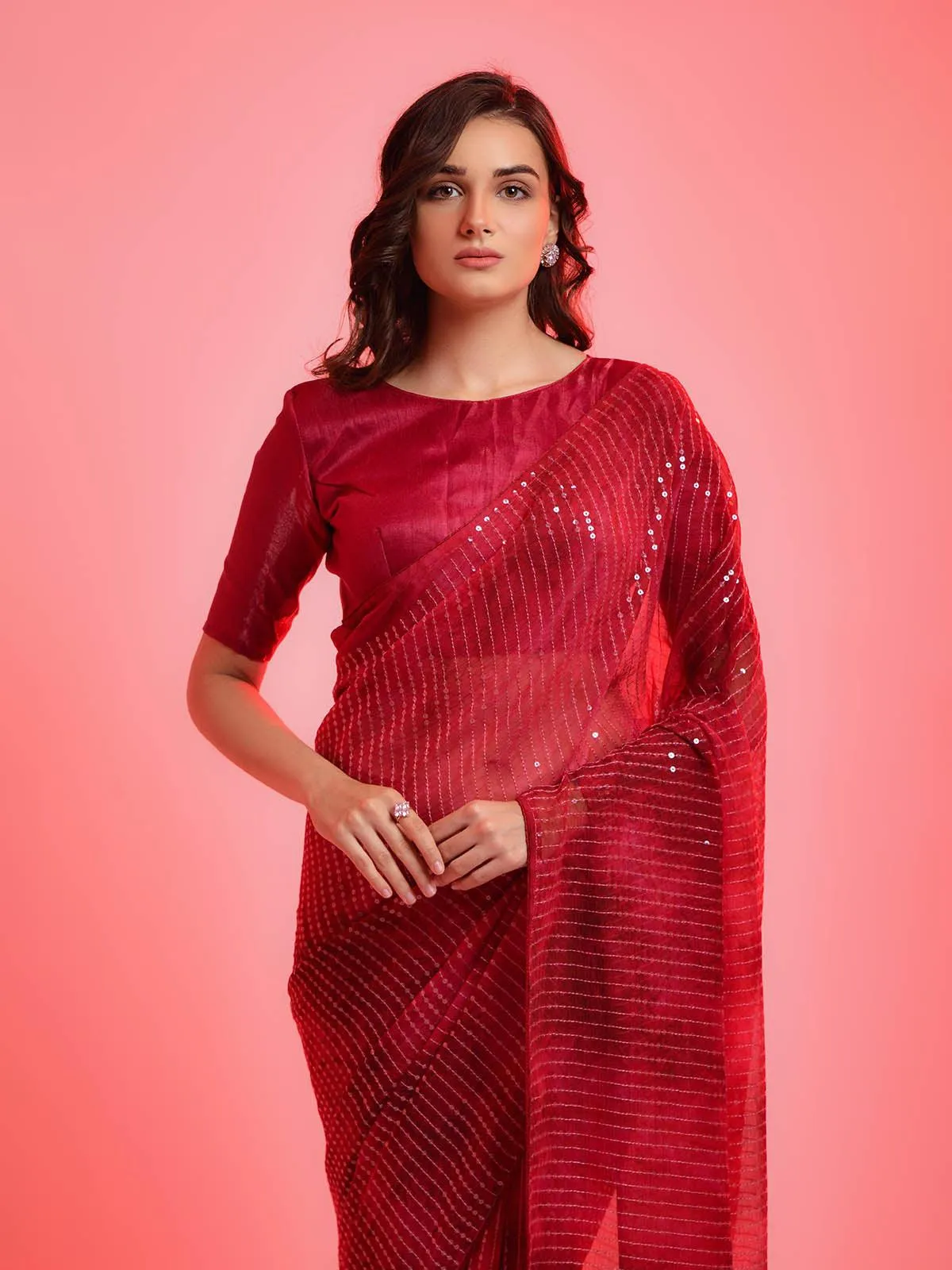 Odette Women Red Chiffon Sequins Embroidered Saree With Unstitched Blouse