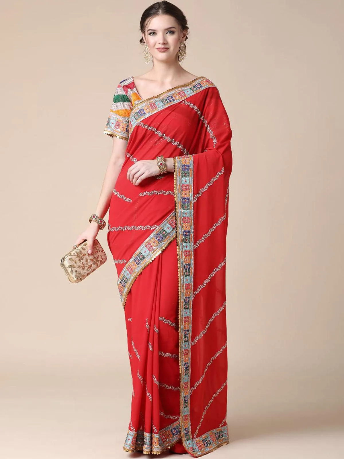 Odette Women Red Georgette Saree With Blouse