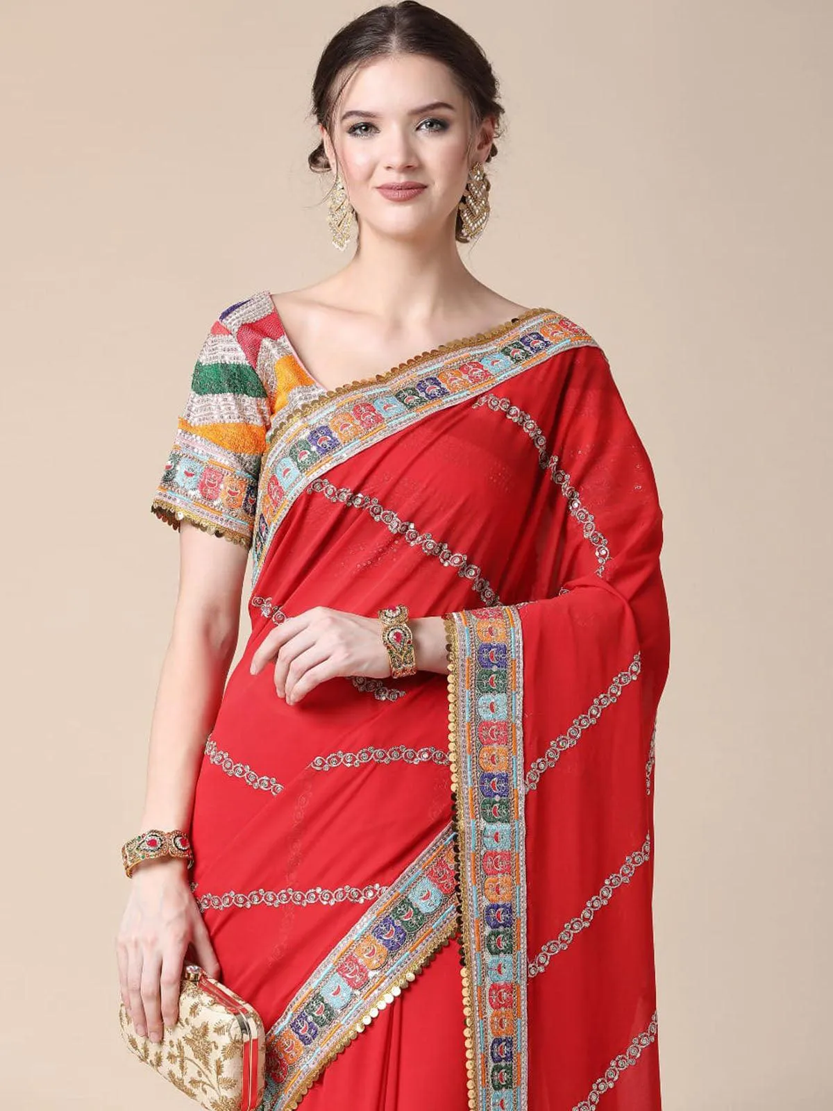 Odette Women Red Georgette Saree With Blouse