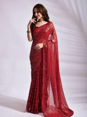 Odette Women Red Georgette Saree With Unstitched Blouse