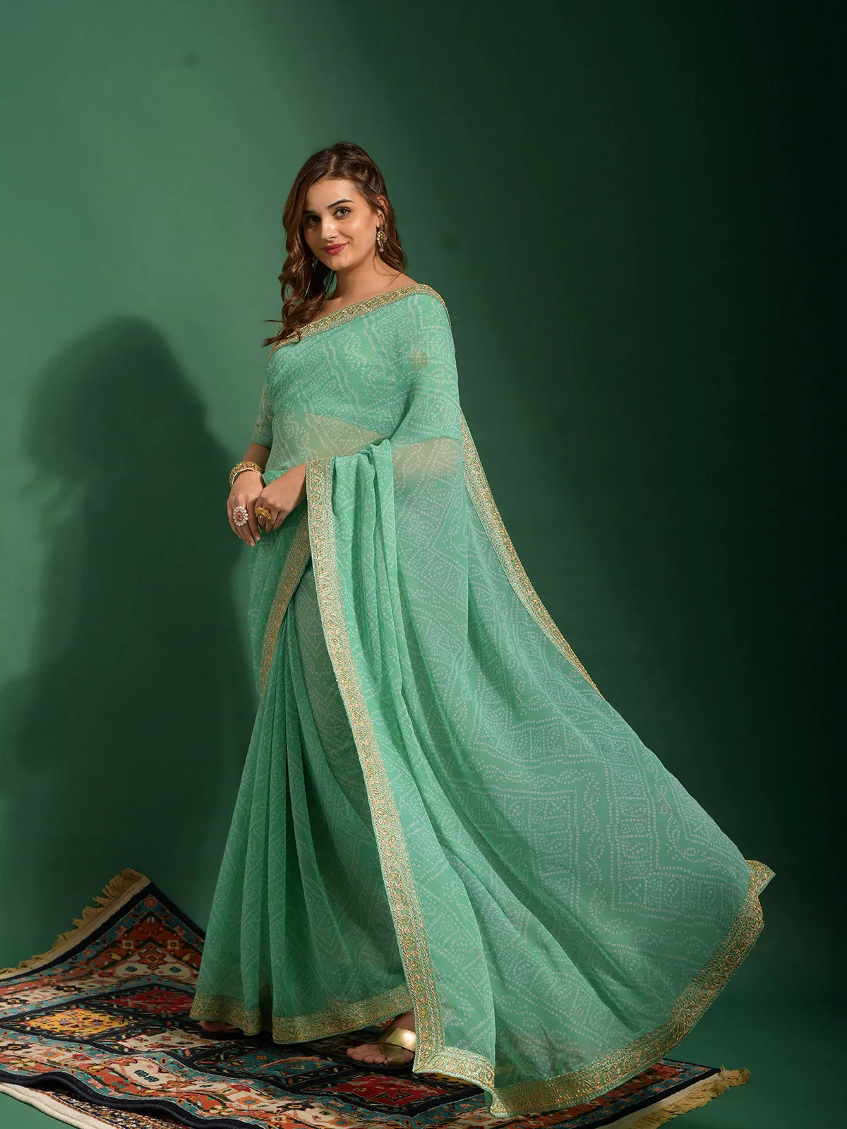 Odette Women Sea Green Chiffon Designer Saree With Unstitched Blouse