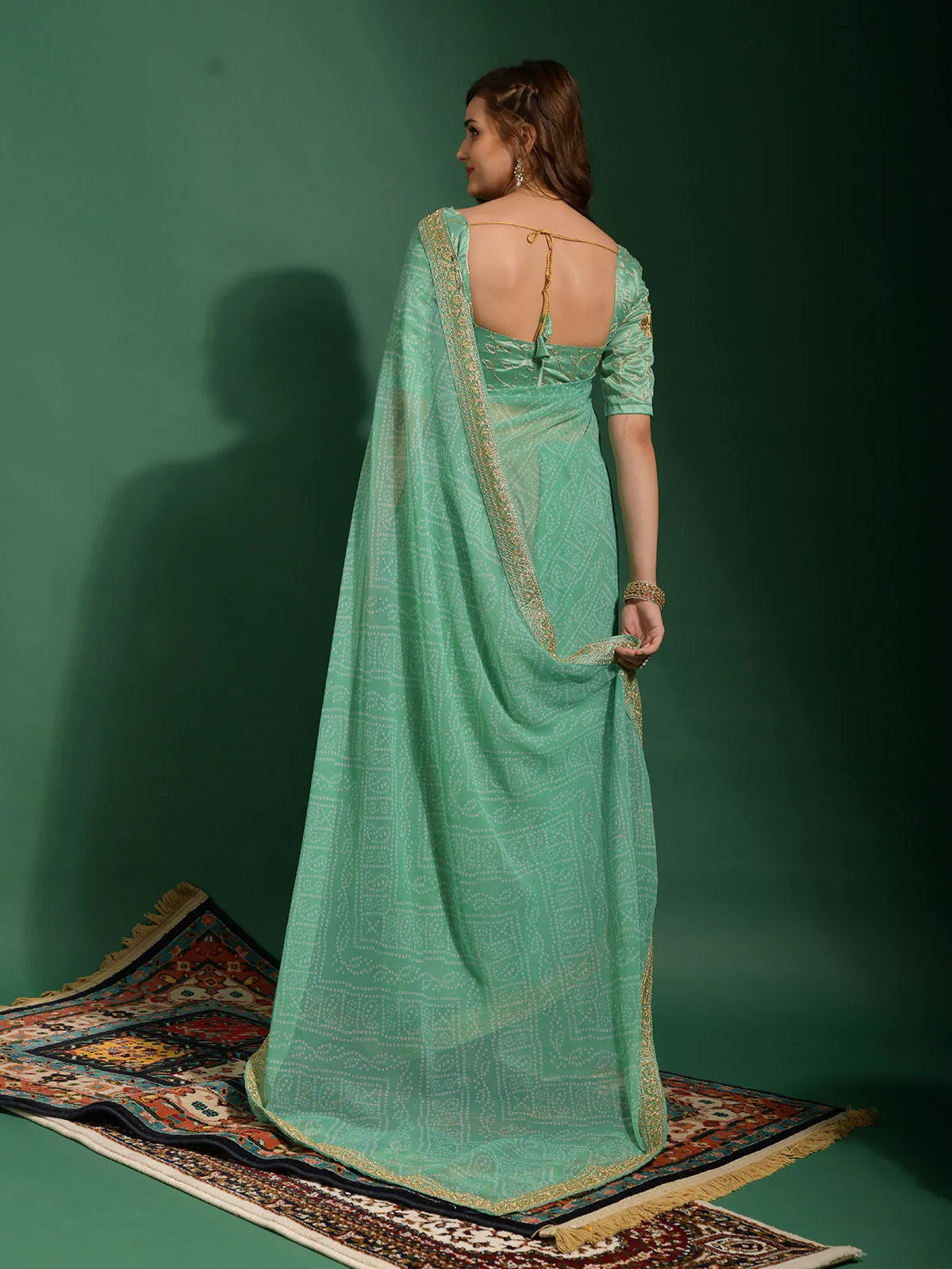 Odette Women Sea Green Chiffon Designer Saree With Unstitched Blouse