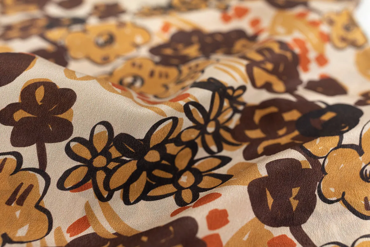 "Garden Chic" Silk Crepe Scarf - Brown