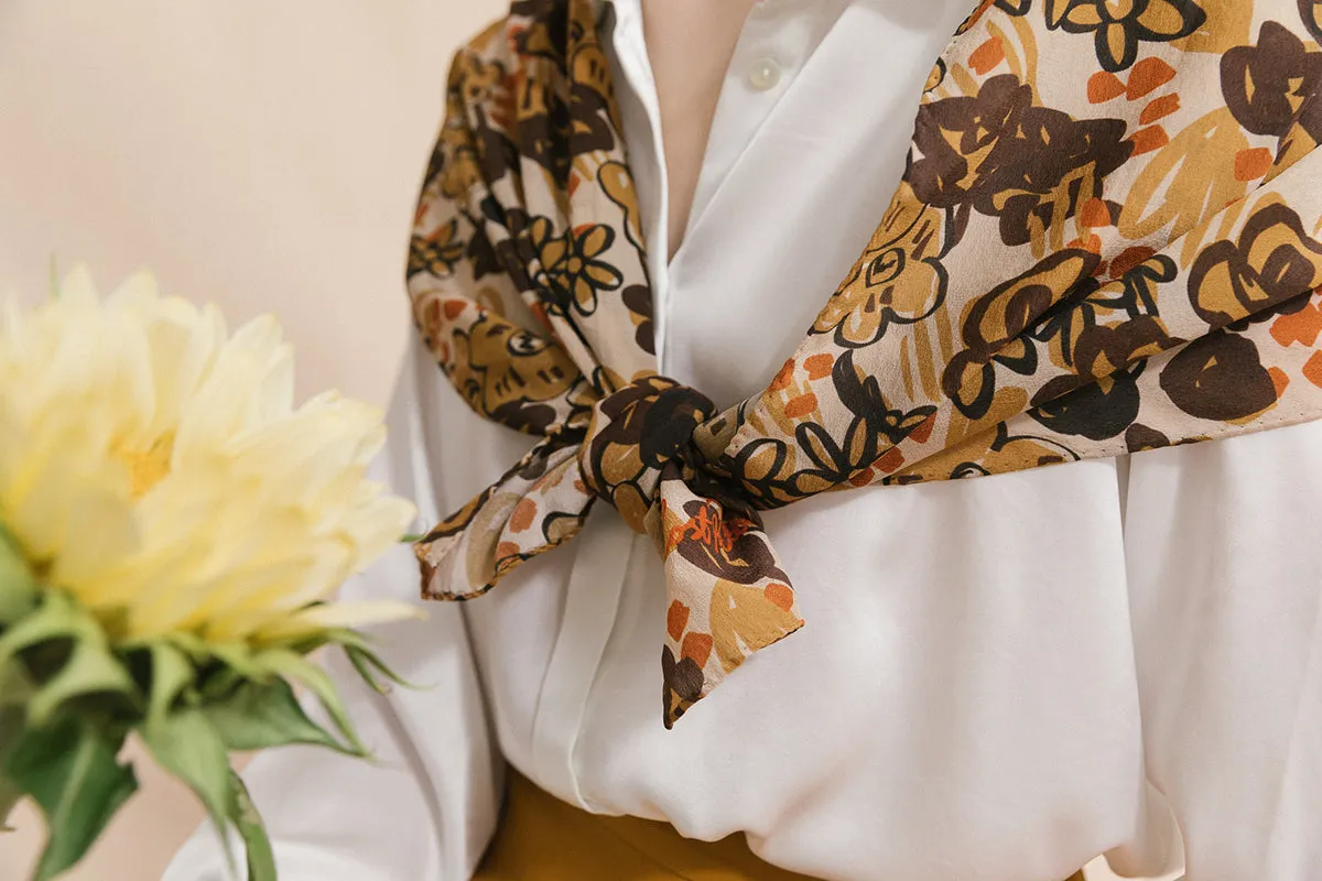 "Garden Chic" Silk Crepe Scarf - Brown