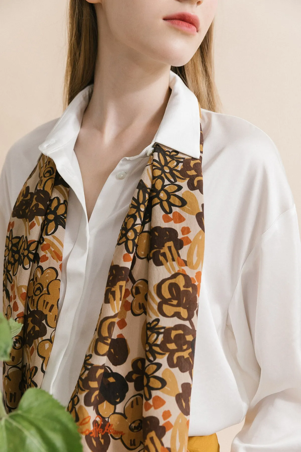 "Garden Chic" Silk Crepe Scarf - Brown