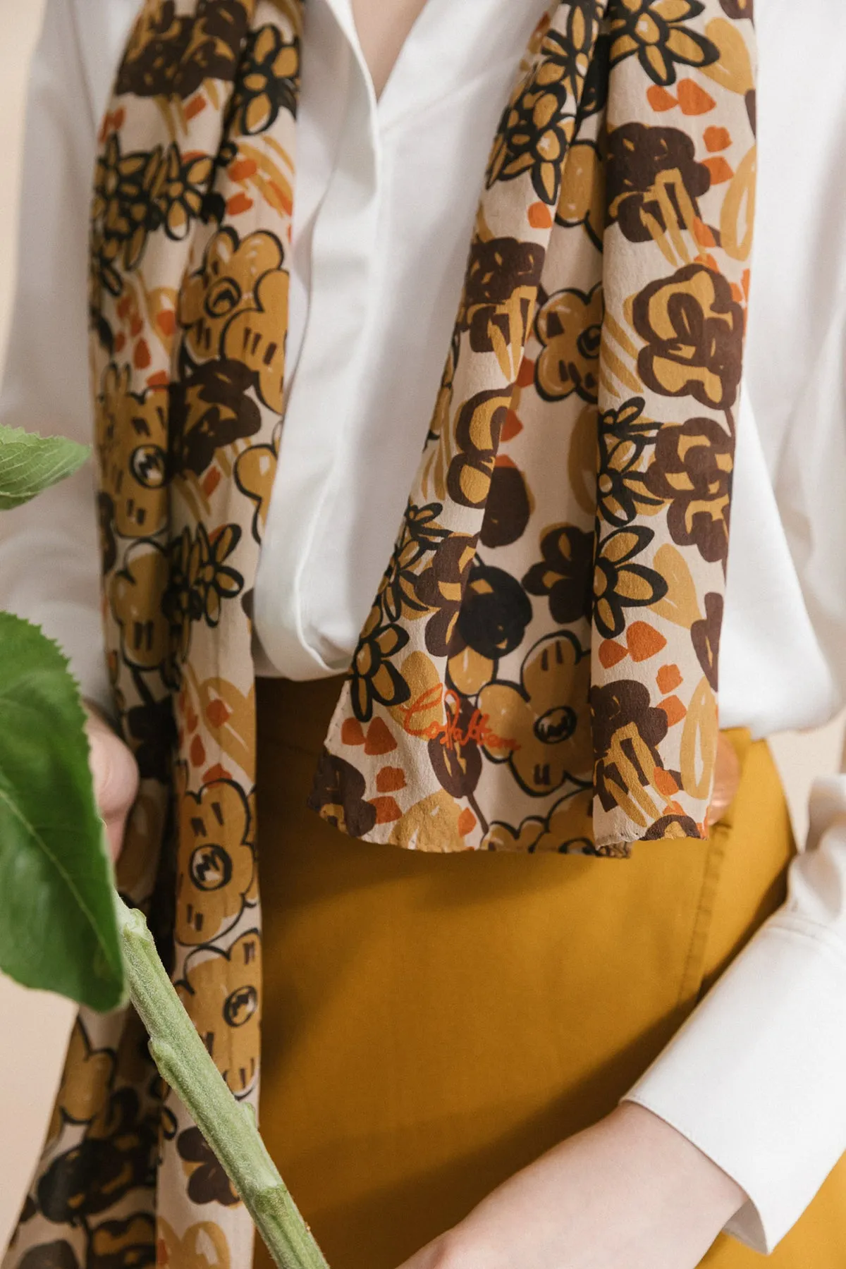 "Garden Chic" Silk Crepe Scarf - Brown