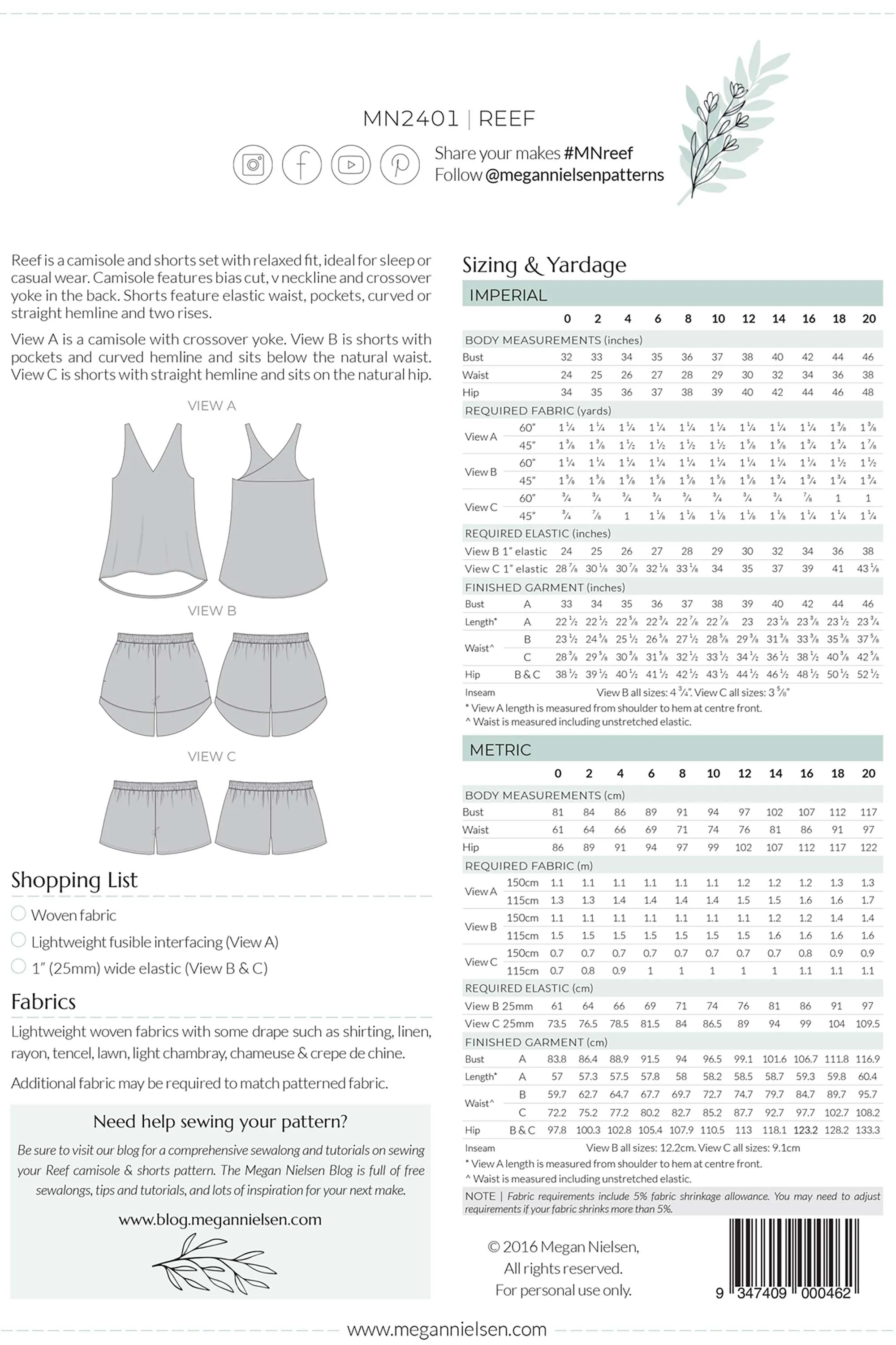 Reef Camisole & Shorts Set Sewing Pattern by Megan Nielsen Patterns, sizes 0-20