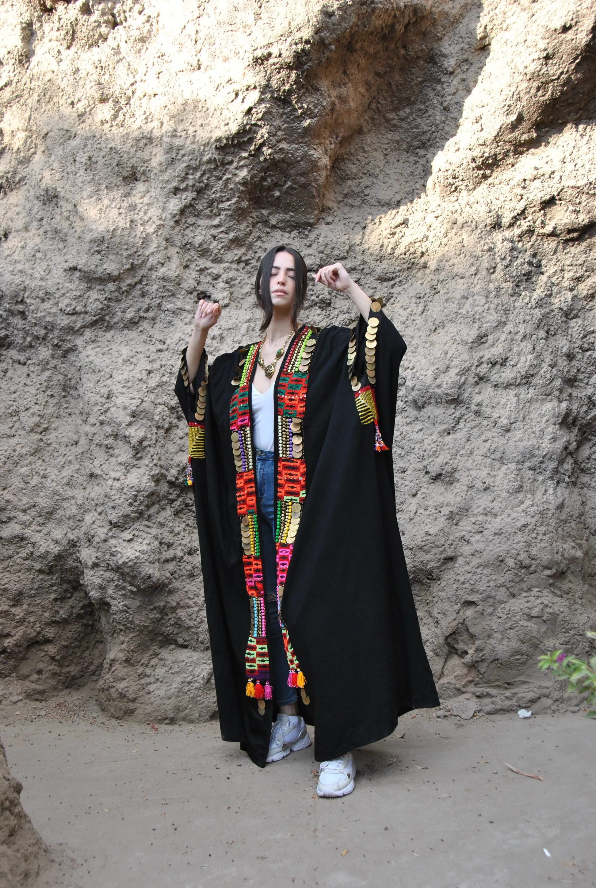 Vintage Black gypsy Cotton Kimono with hand stitched coins, festival Kimono, bohemian kimono, Hooded kimono, Light wool / cotton Kimono