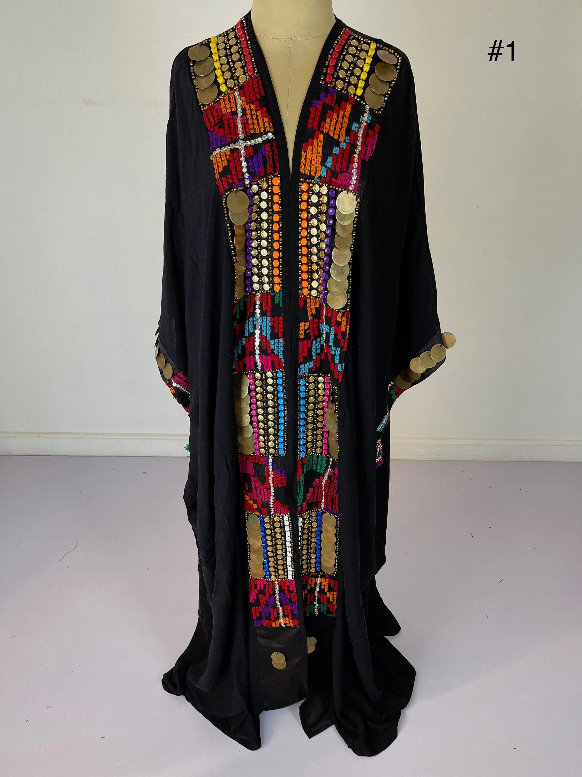 Vintage Black gypsy Cotton Kimono with hand stitched coins, festival Kimono, bohemian kimono, Hooded kimono, Light wool / cotton Kimono